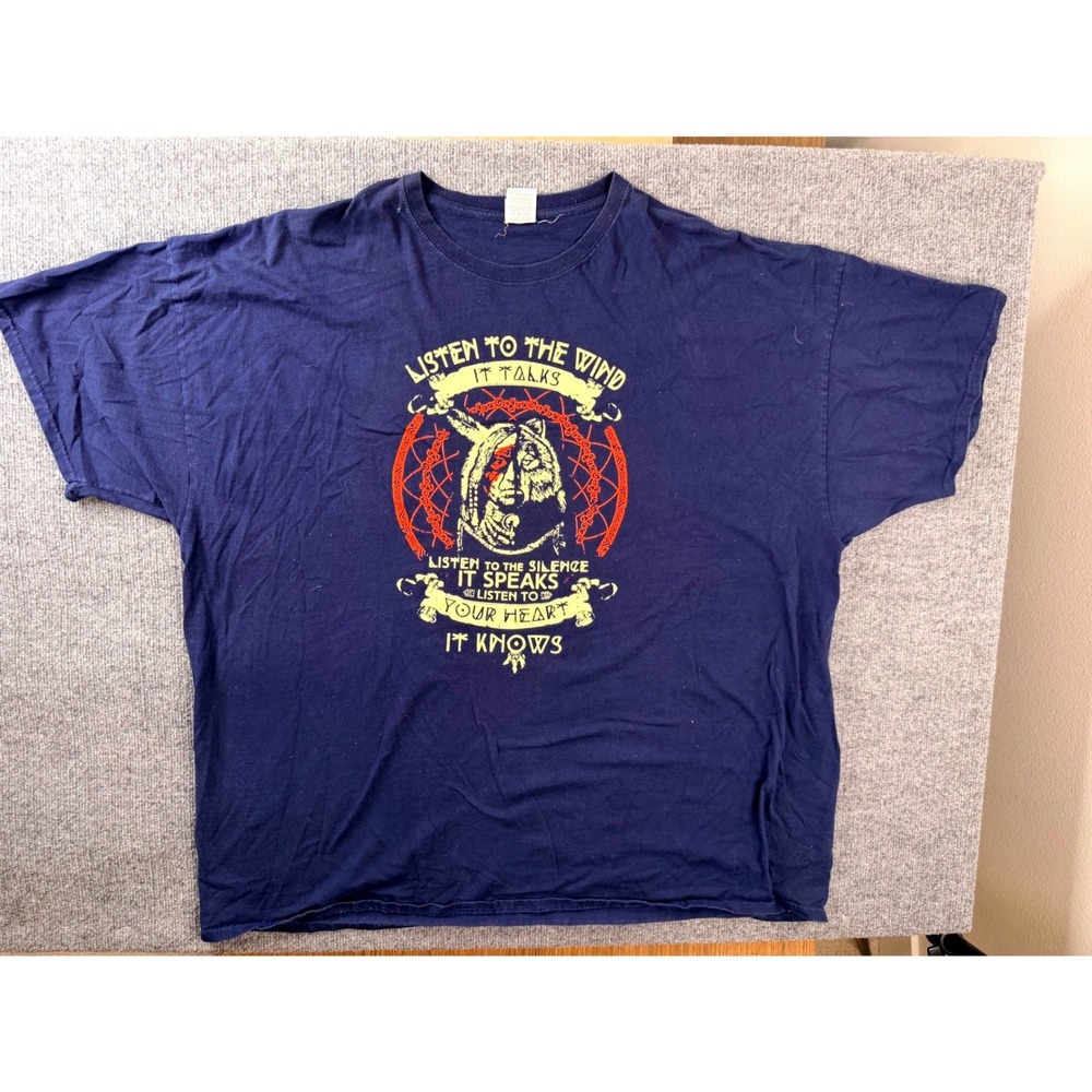 Fruit of the Loom Mens 5XL Navy Blue Graphic Tee Wolf Dreamcatcher Heavy Cotton